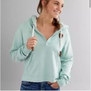 Wanakome light Blue / Mint  Crop Pullover Hoodie with Brown‎ Accents size Small